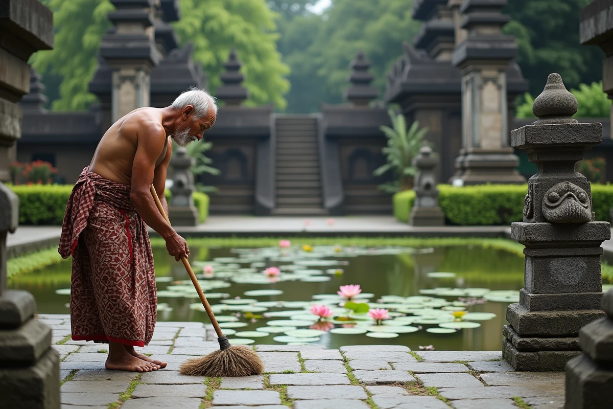 Homme balinais âgé nettoyant la cour du temple