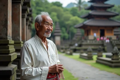 Homme balinais âgé devant le temple Taman Ayun