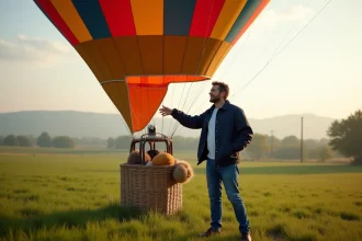 Homme français pointant vers un ballon coloré en plein déploiement
