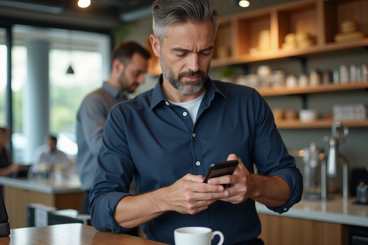 Homme vérifiant un paiement dans un café moderne
