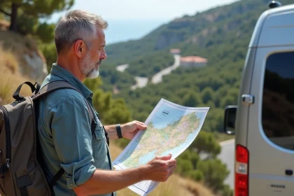 Homme en voyage examinant une carte en Corse