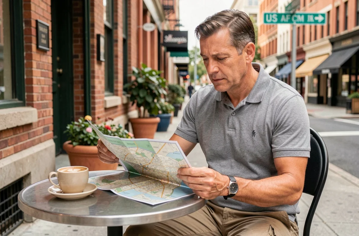 Homme consultant une carte de ville américaine attablé dans un café en plein air