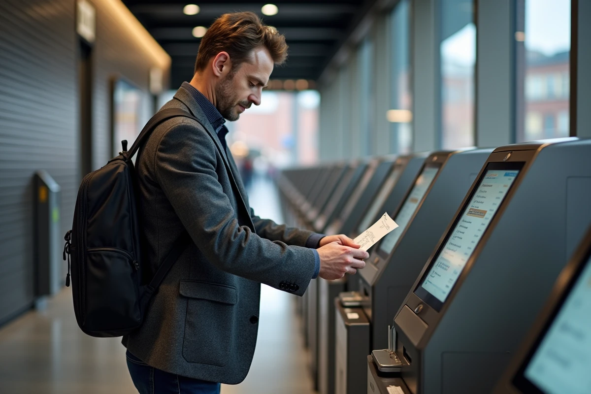 Homme récupérant un billet dans la gare de Lille Flandres