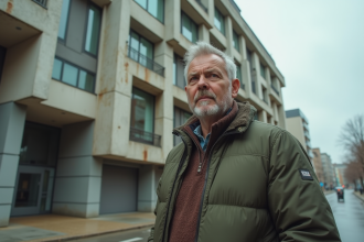 Homme en voyage devant un hôtel au design chaotique