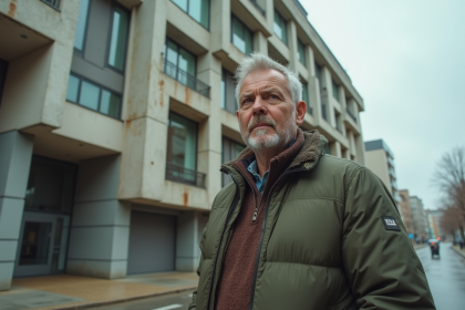 Homme en voyage devant un hôtel au design chaotique
