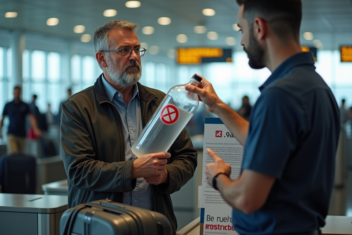 Homme avec bouteille interdite au check-in