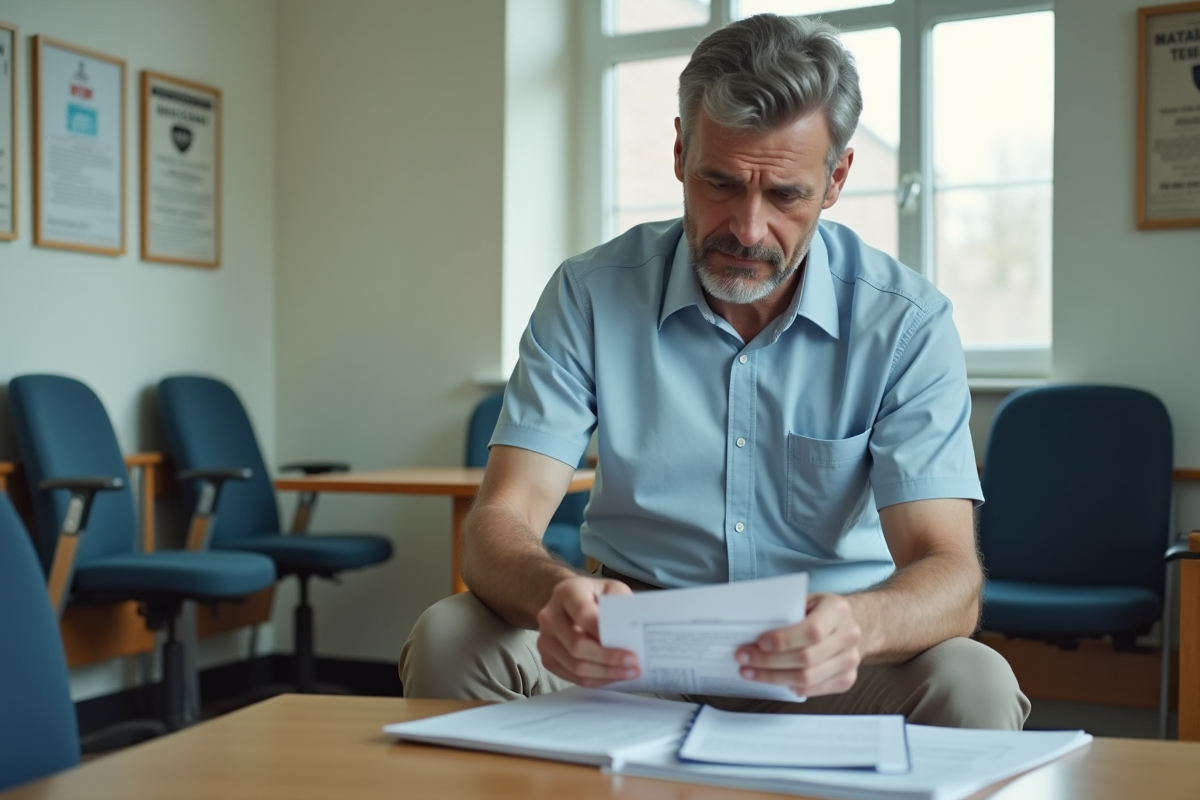 Homme vérifiant ses documents de voyage au bureau