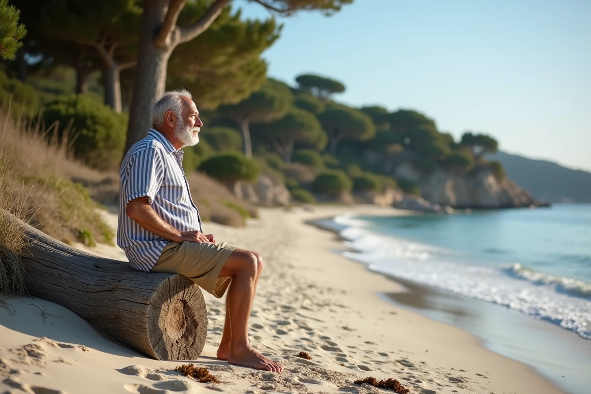 Homme âgé assis sur un bois flotté dans les dunes de Fautea