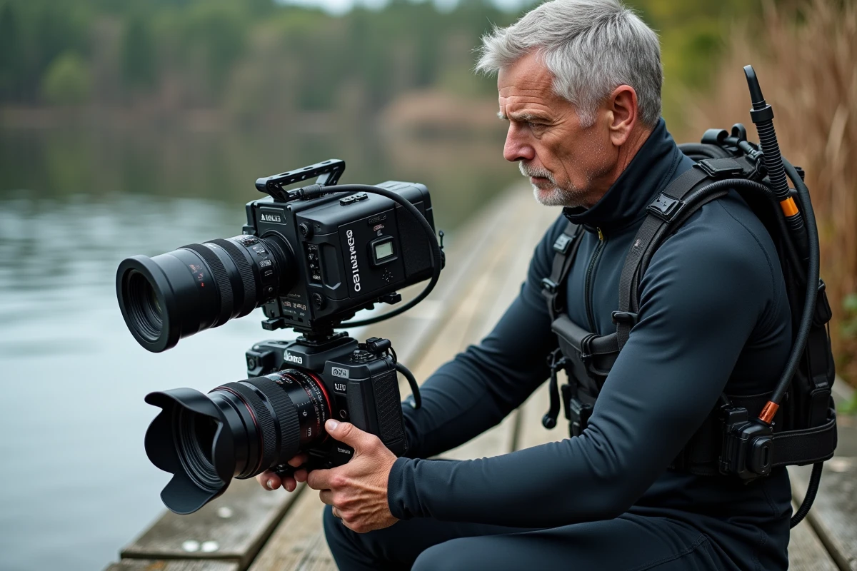 Homme en drysuit examinant une camera sous-marine