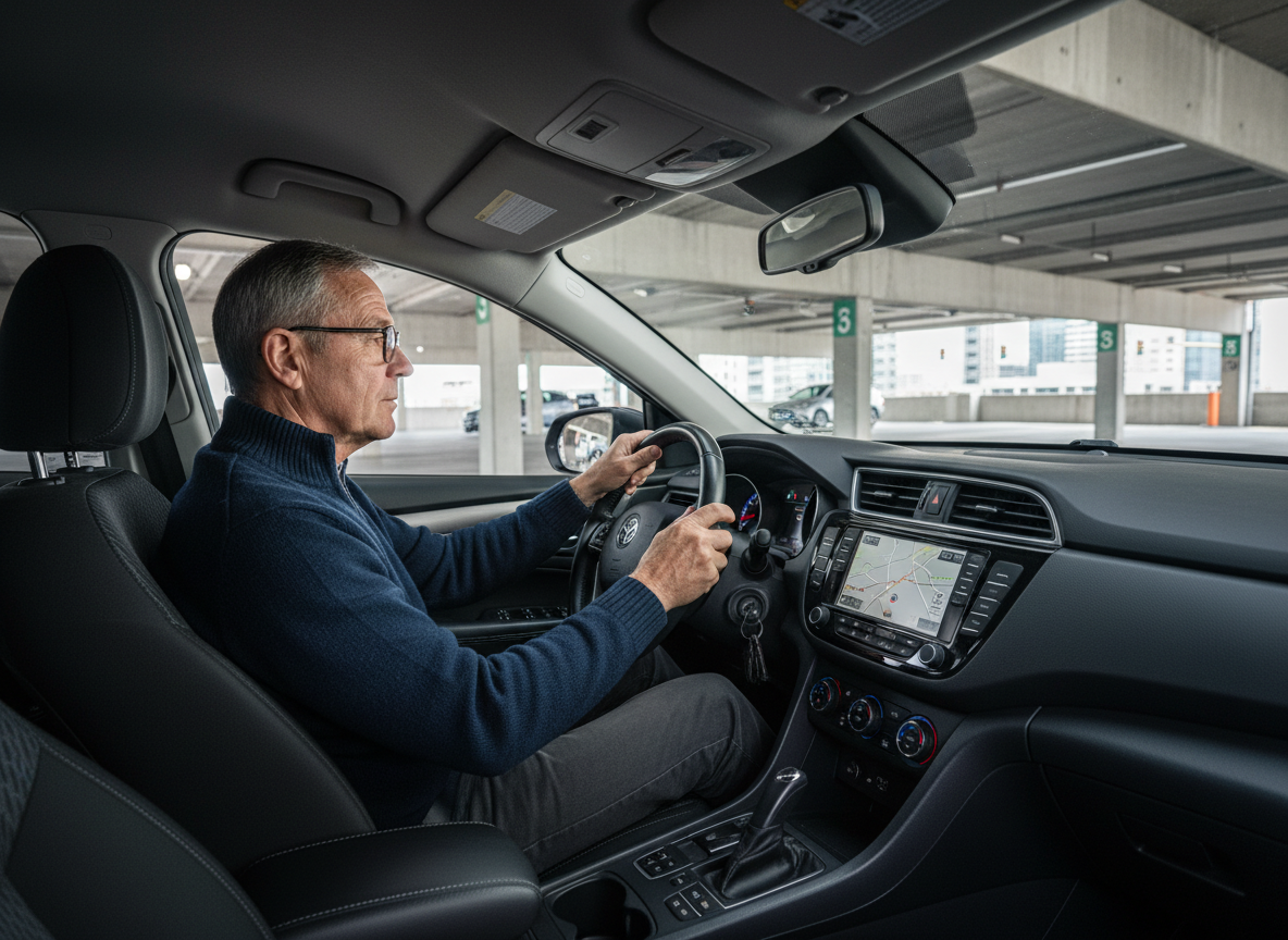 Homme vérifiant le GPS dans une voiture en ville