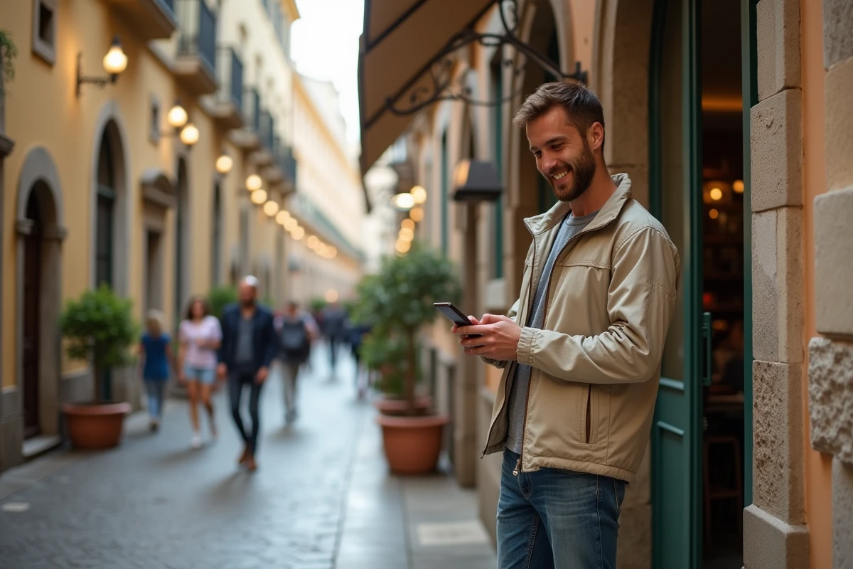 Jeune homme examine sa confirmation de reservation devant un hotel européen