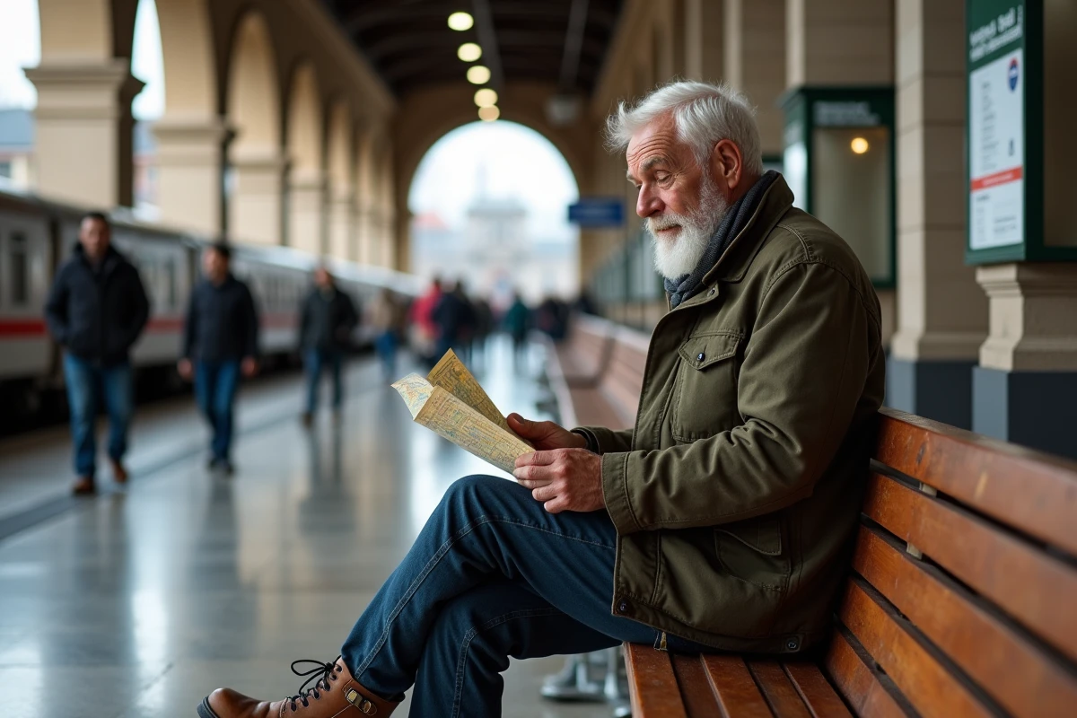 Homme âgé étudiant un plan dans une gare européenne
