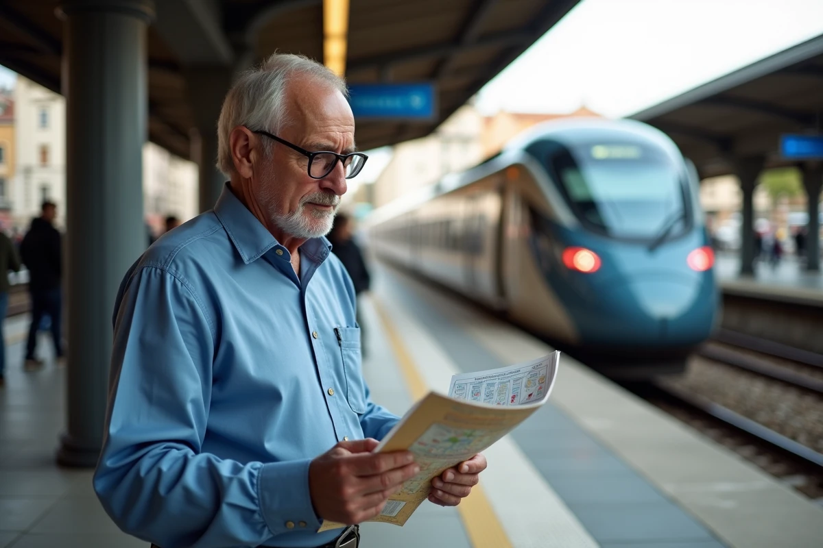 Homme âgé vérifiant un plan à la gare de Lyon