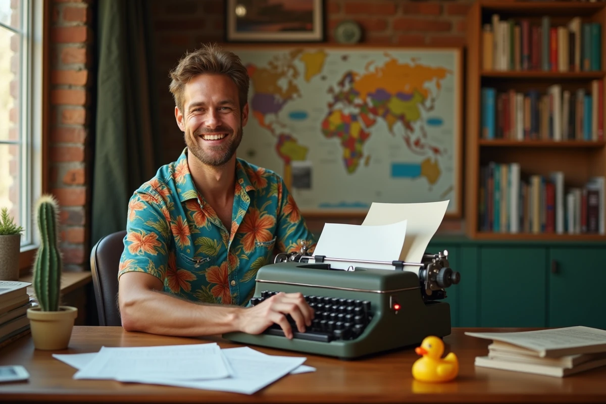 Homme souriant tapant des textes humoristiques de vacances sur une machine à écrire vintage dans un bureau chaleureux