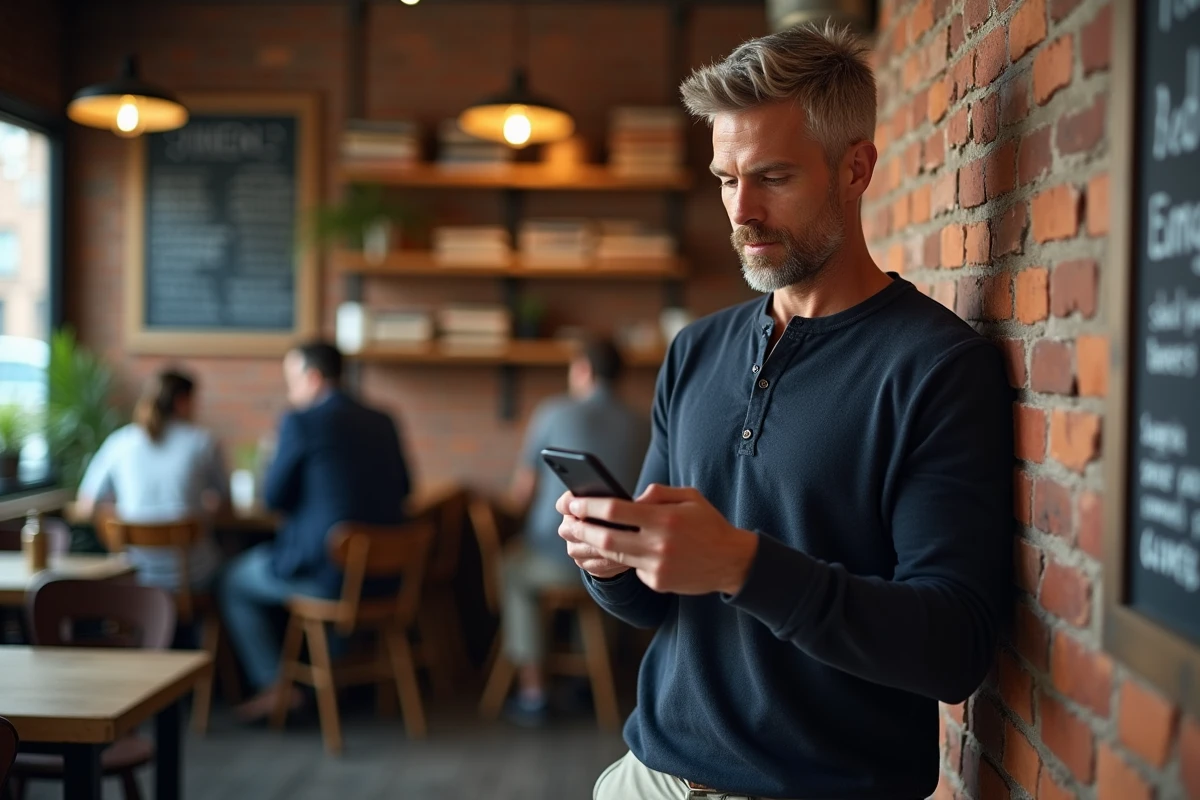 Homme consultant un magazine numérique sur smartphone dans un café urbain avec une ambiance éditoriale contemporaine