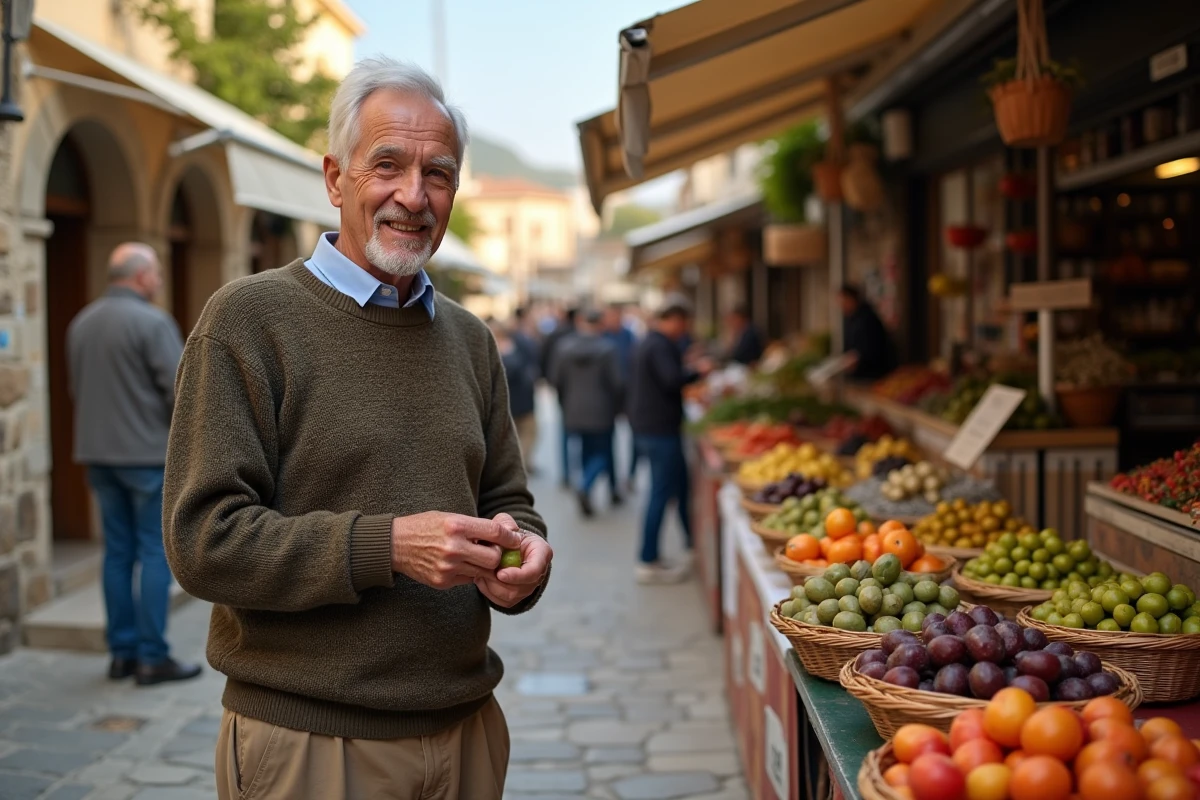 Homme dégustant des olives dans un marché crétois en automne