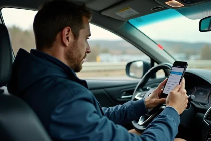 Homme consultant l'application ViaMichelin sur smartphone dans sa voiture pour optimiser son itinéraire et réduire les coûts de trajet
