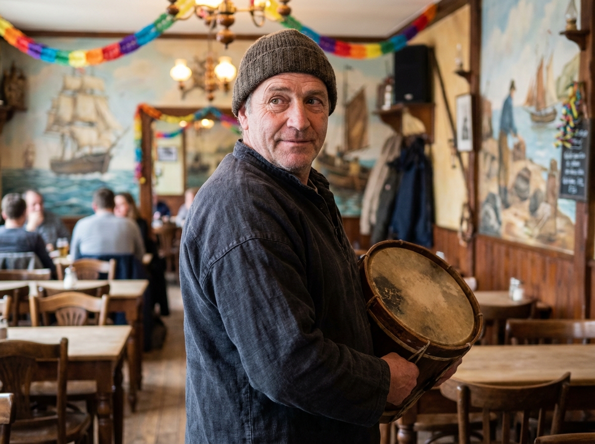 Homme pêcheur en tenue traditionnelle dans un bistrot