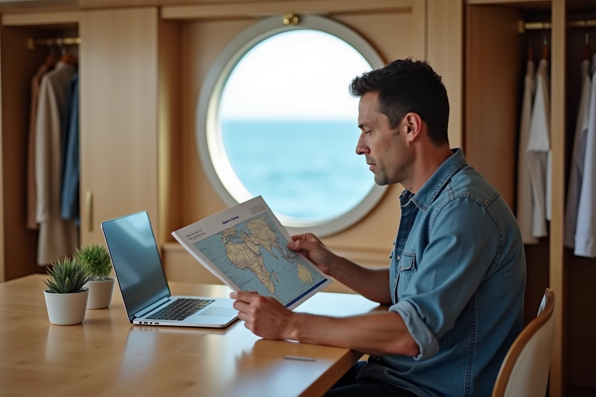 Homme planifiant son itinéraire de croisière tour du monde dans une cabine de paquebot de luxe