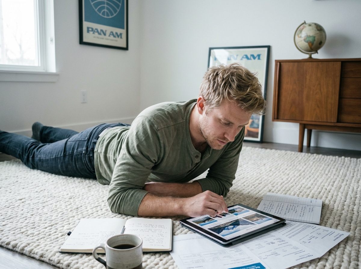 Homme allongé sur un tapis planifiant un voyage autour du monde avec une tablette et des documents de voyage
