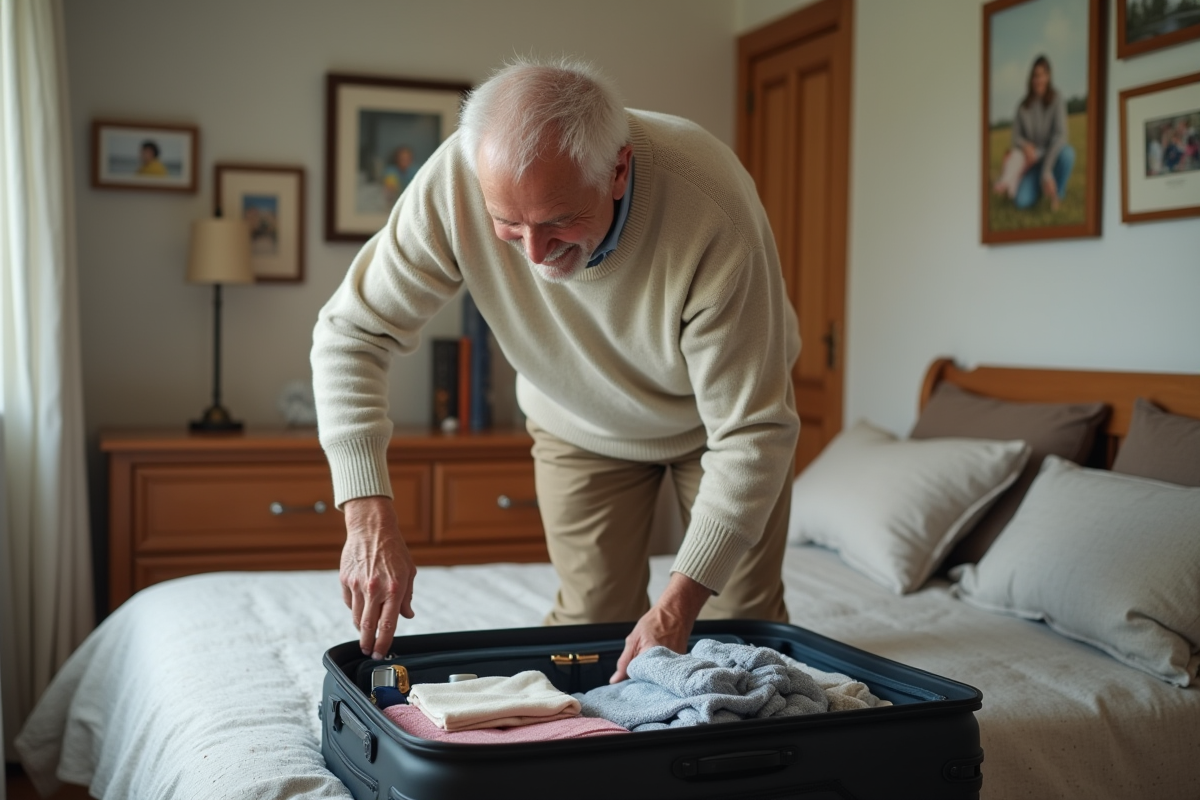 Homme âgé préparant sa valise dans sa chambre avant départ