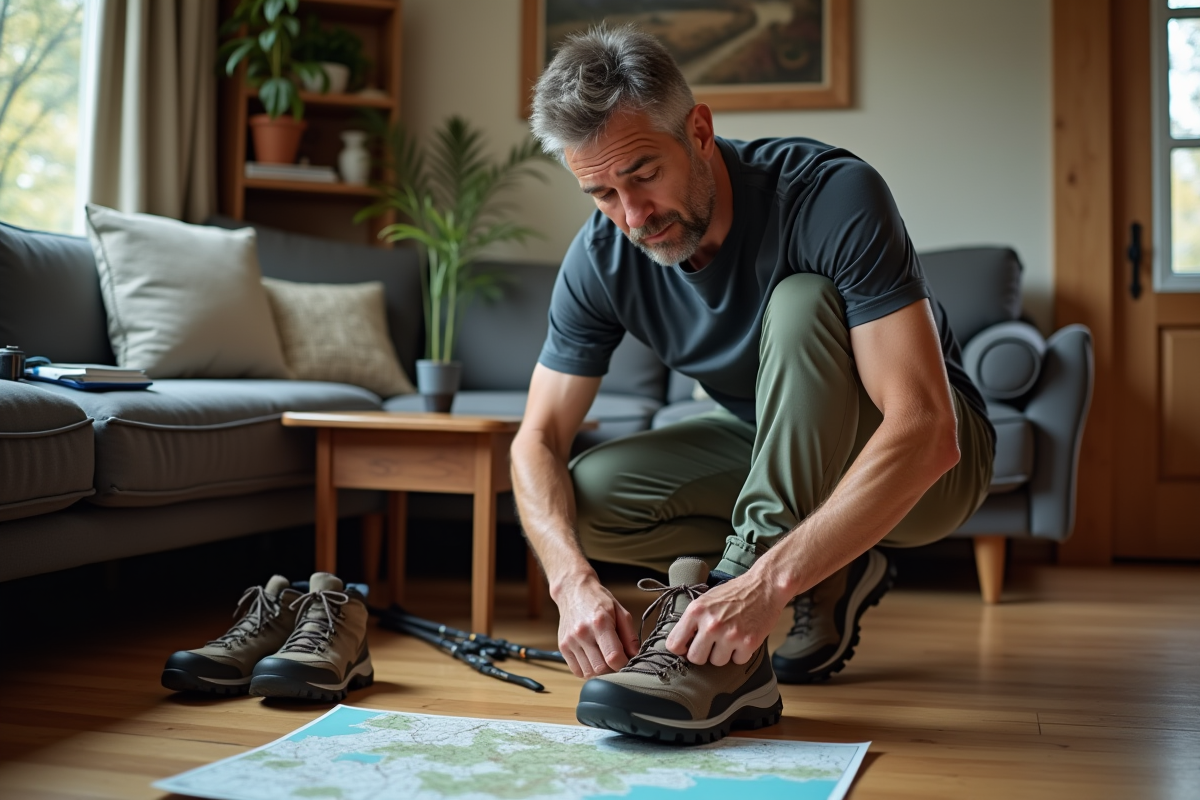 Homme préparant ses chaussures de randonnée dans son salon