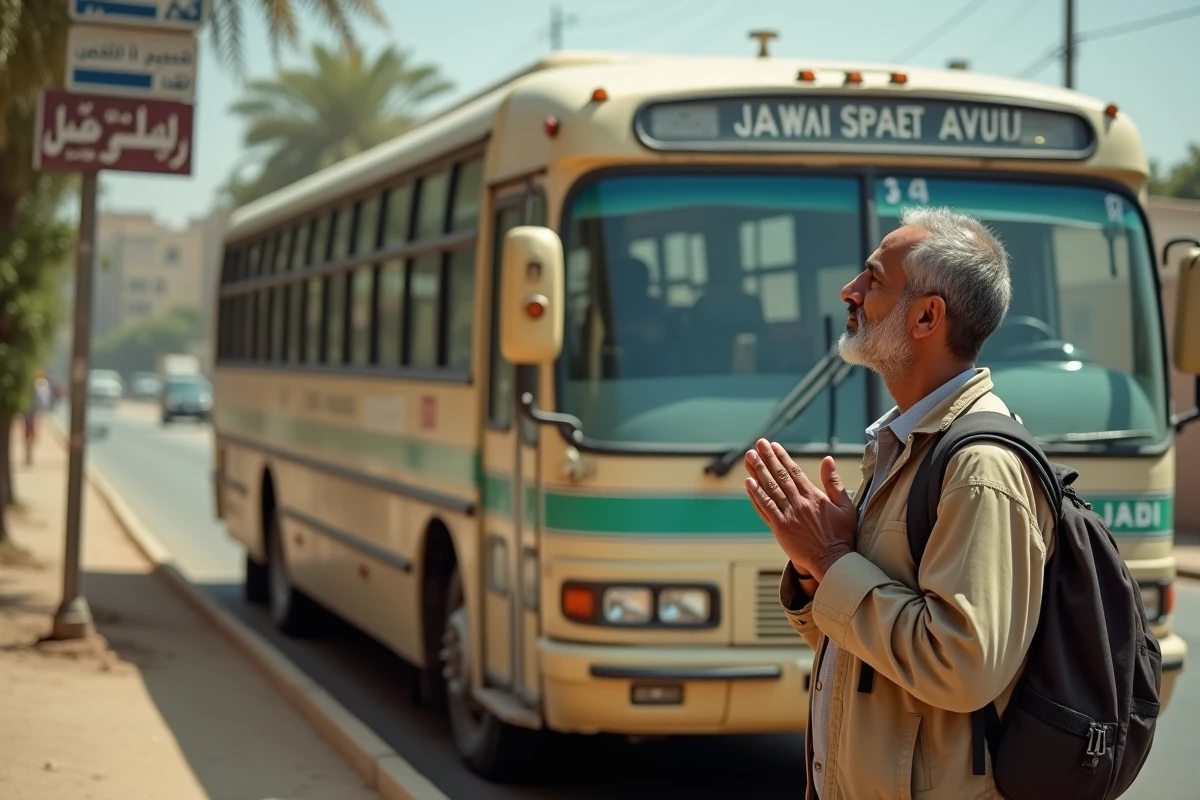 Homme dAfrique du Nord priant avant de monter dans un bus
