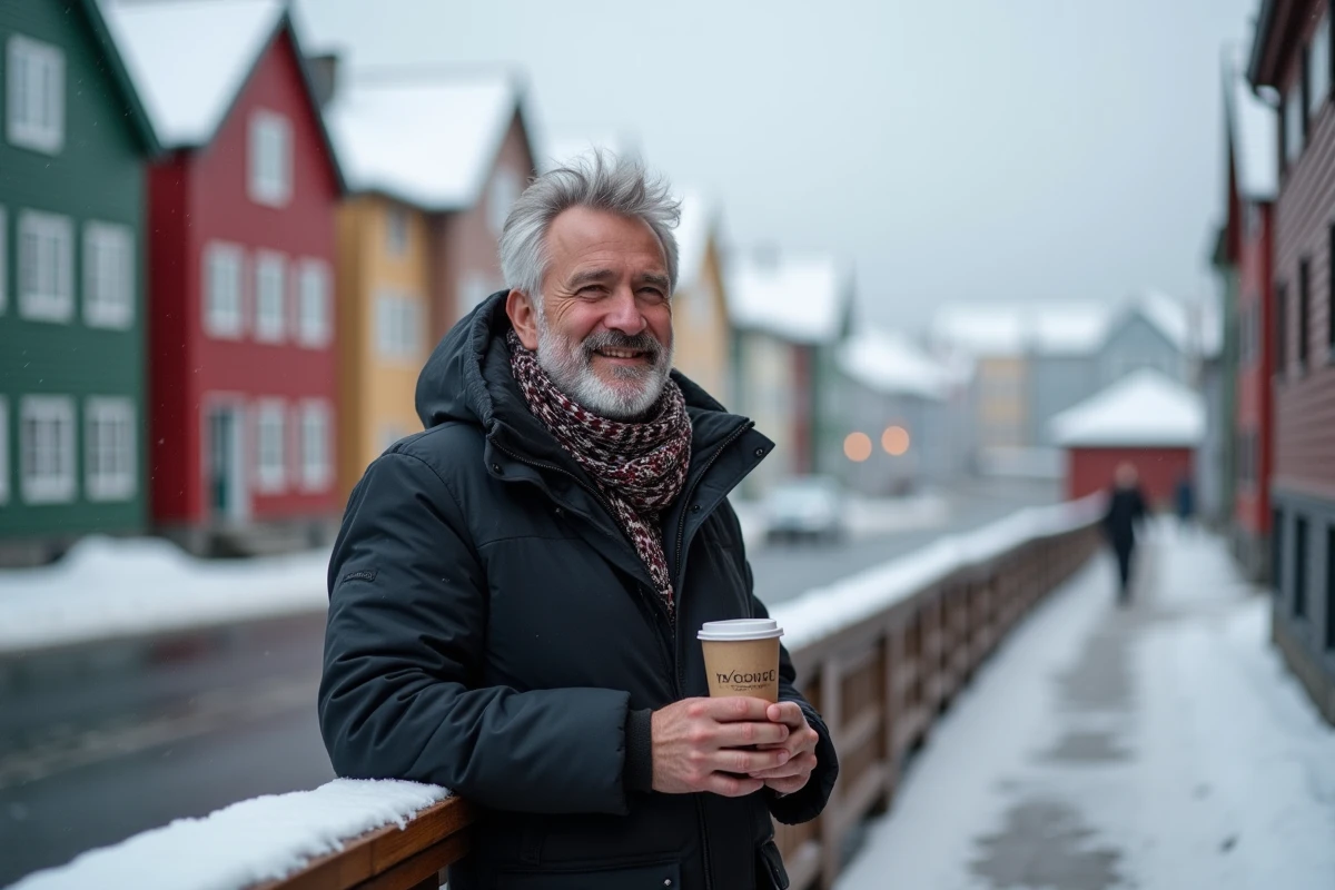 Homme souriant avec cafe dans une rue enneigee de Tromso