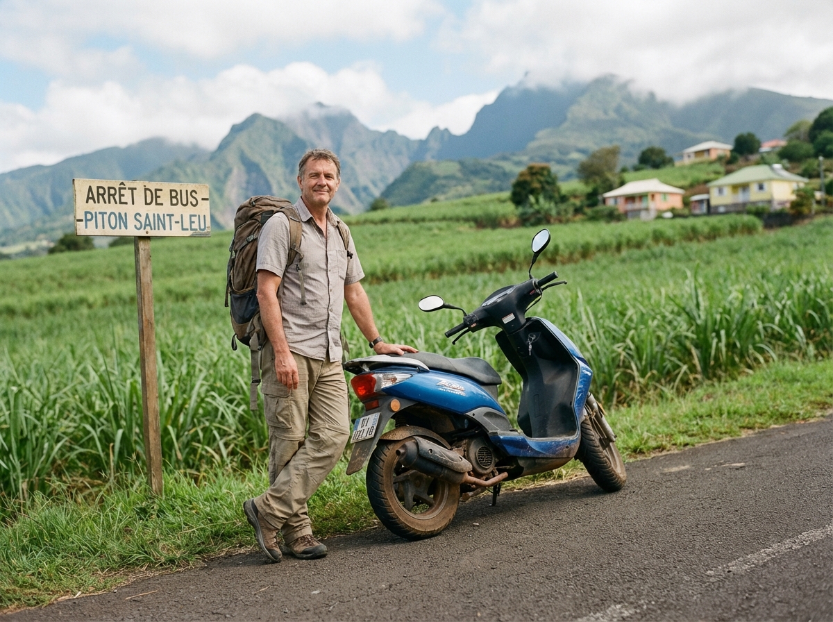 Homme en voyage avec scooter devant paysage de Réunion