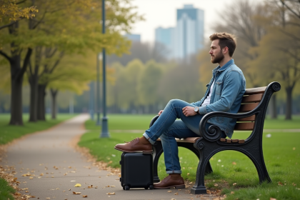 Homme assis sur un banc de parc en été avec valise