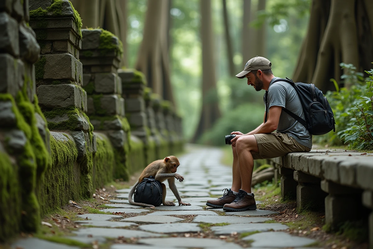 Homme regardant un singe dans la foret sacrée
