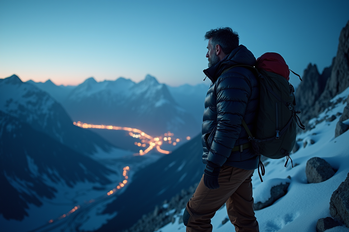 Homme d age en sommet de montagne glace nuit