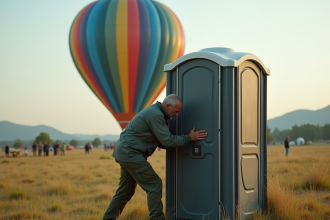 Homme d'âge moyen près d'un toilette portable dans un champ avec un ballon coloré en arrière-plan