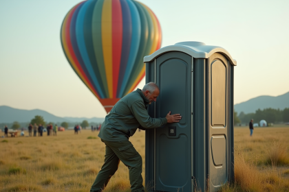Homme d'âge moyen près d'un toilette portable dans un champ avec un ballon coloré en arrière-plan