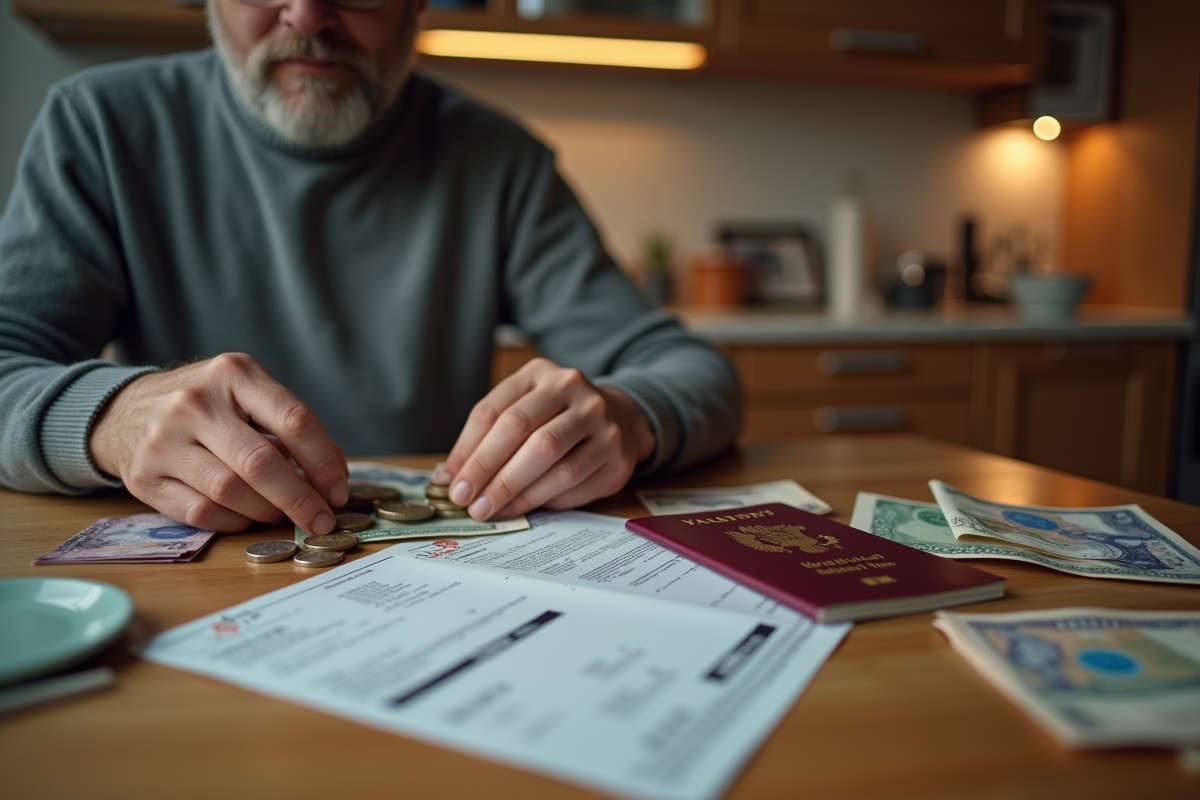 Homme comptant des pièces et billets chez lui