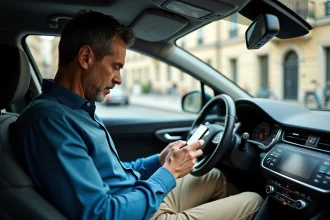 Homme d'âge moyen dans une voiture à Paris vérifiant son itinéraire