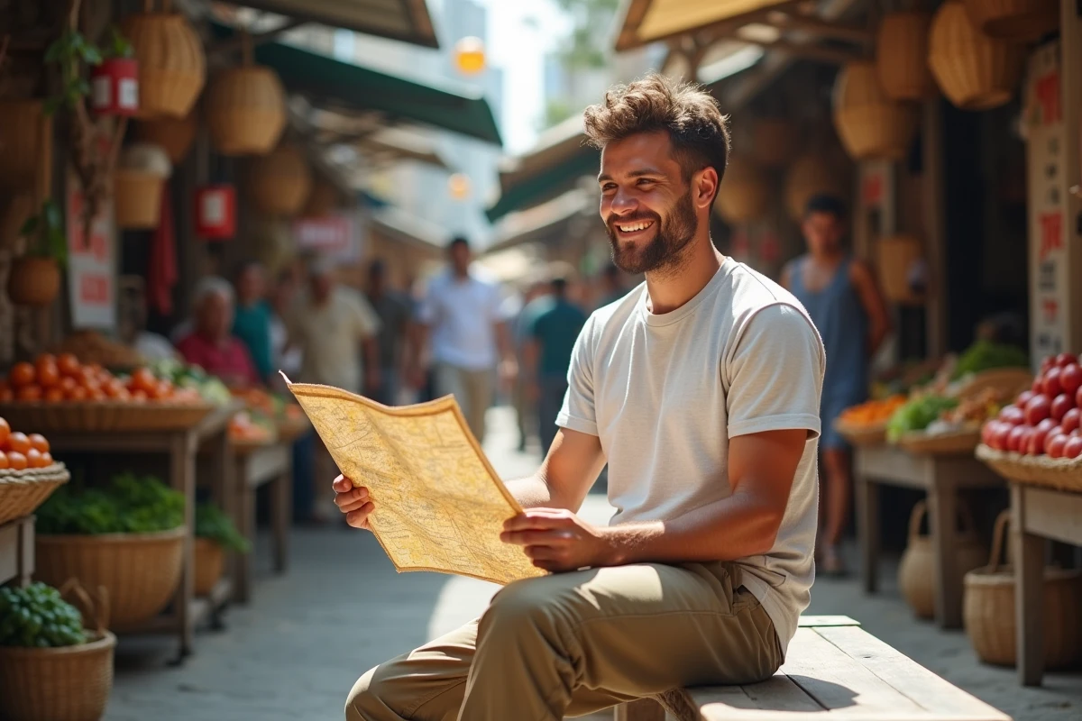 Homme regardant une carte dans un marché animé