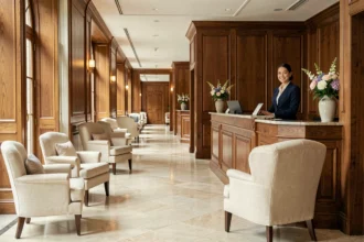 Hall d'entrée élégant d'un hôtel 4 étoiles dans les Pays de la Loire avec une réceptionniste en blazer marine et un décor raffiné en marbre et bois