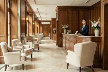 Hall d'entrée élégant d'un hôtel 4 étoiles dans les Pays de la Loire avec une réceptionniste en blazer marine et un décor raffiné en marbre et bois