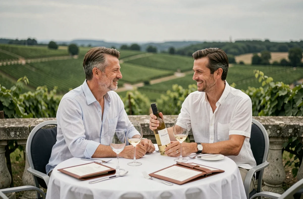 Couple profitant d'une terrasse vue vignoble dans un hôtel 4 étoiles des Pays de la Loire avec vin blanc local et décor soigné
