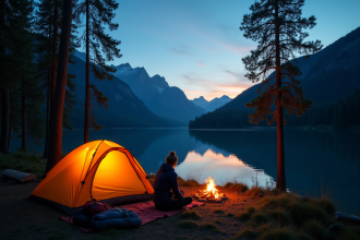 Personne installant une tente au bord d'un lac de montagne au coucher du soleil