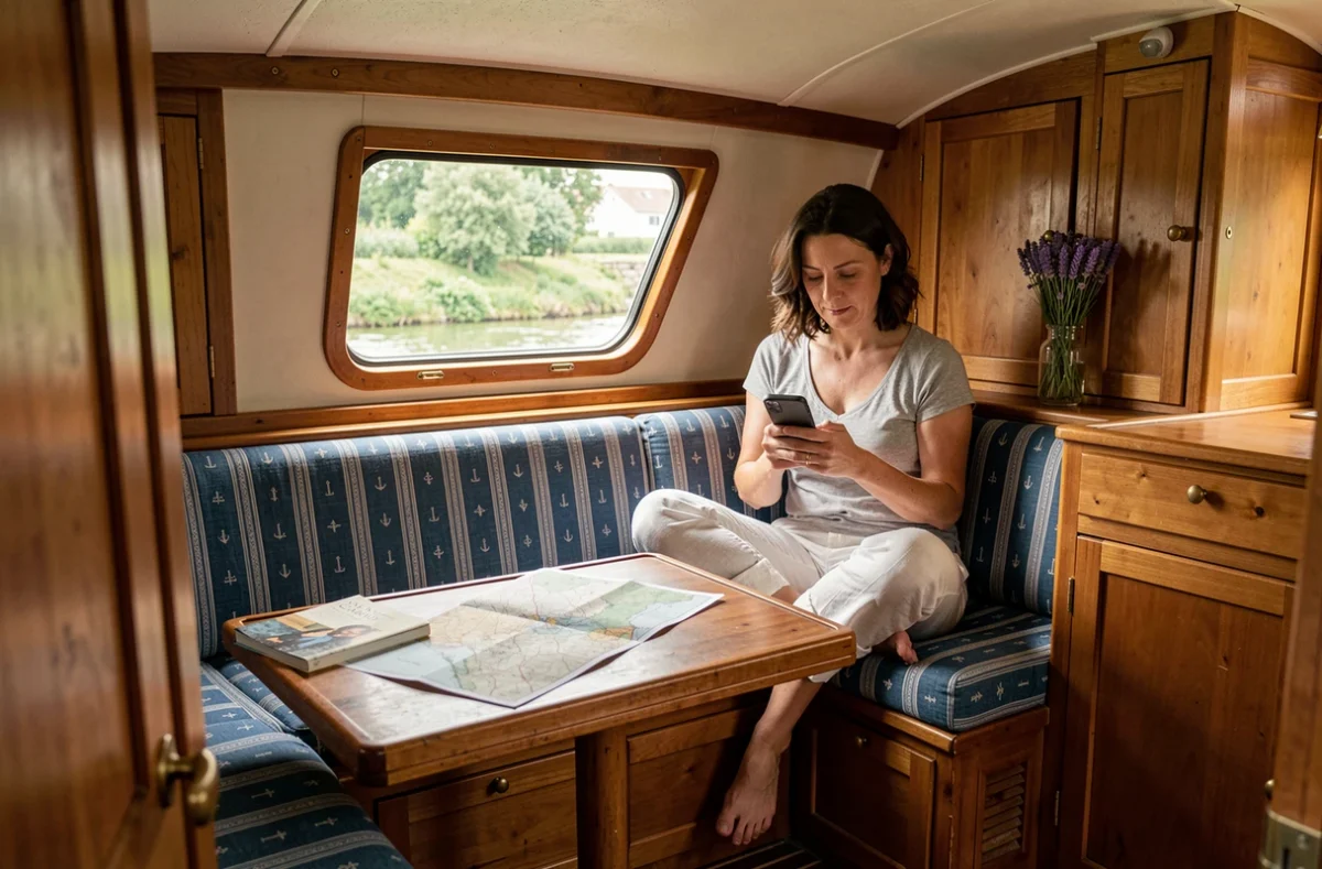 Intérieur cosy d'une cabine de péniche aménagée pour une croisière sur le Canal du Midi
