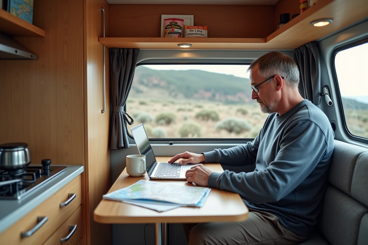 Intérieur d'un camping-car aménagé avec un homme consultant un atlas routier près de la Côte de Granit Rose en Bretagne