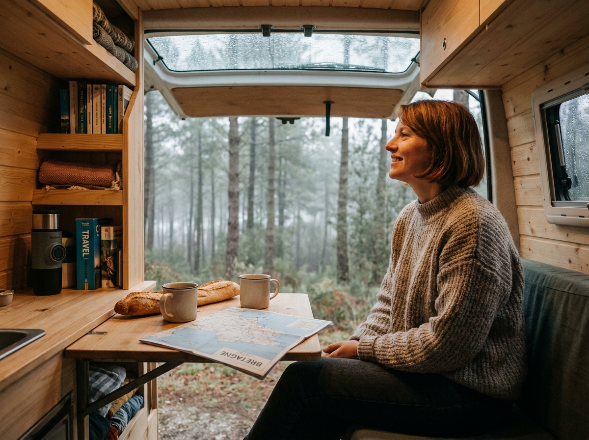 Intérieur douillet d'un camping-car aménagé avec une femme observant la forêt bretonne par la fenêtre