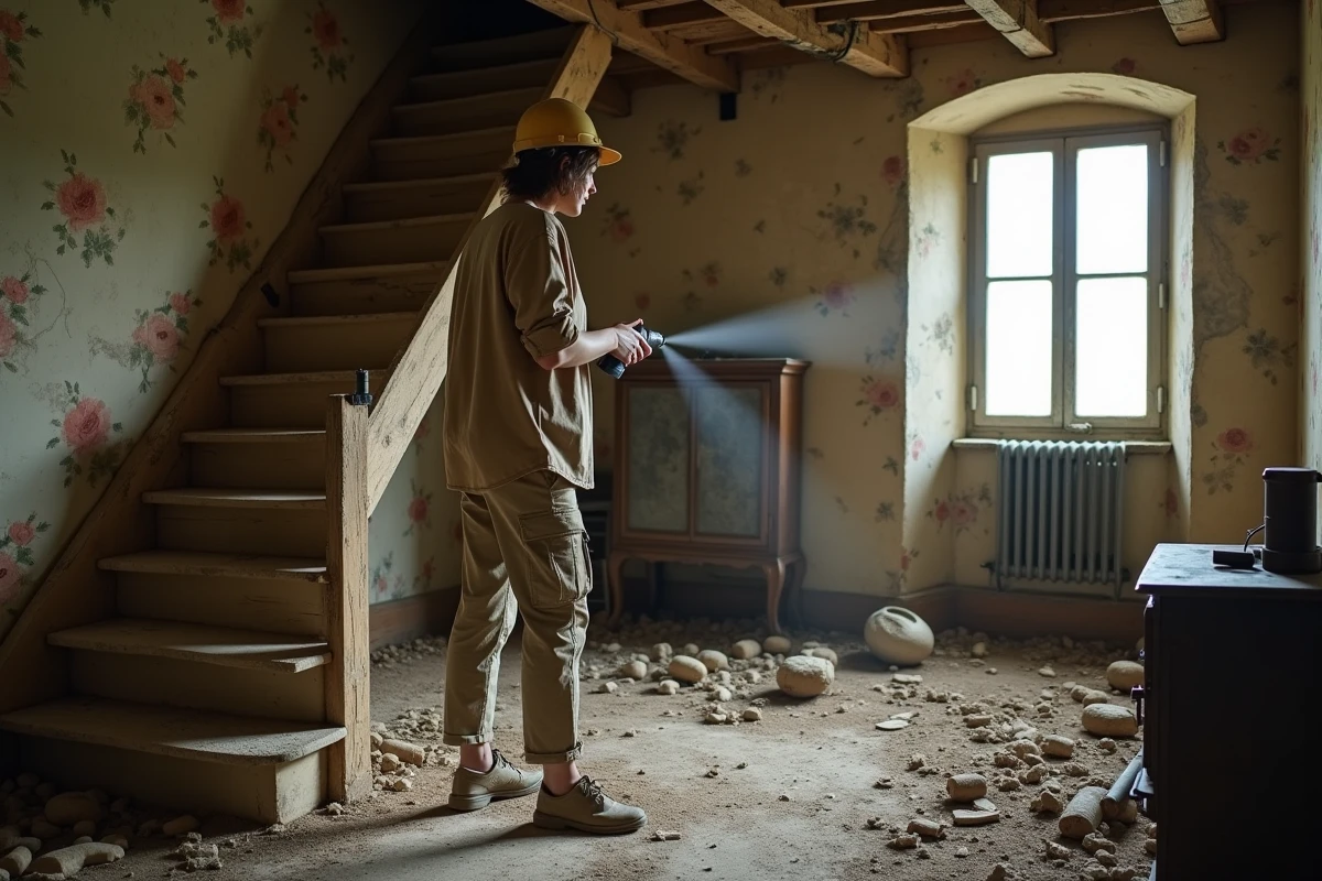 Femme exploratrice à l'intérieur d'une ferme abandonnée d'un village fantôme en France, escalier effondré et papier peint décoloré