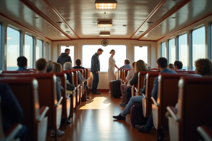Intérieur d'un ferry avec sièges face aux fenêtres panoramiques