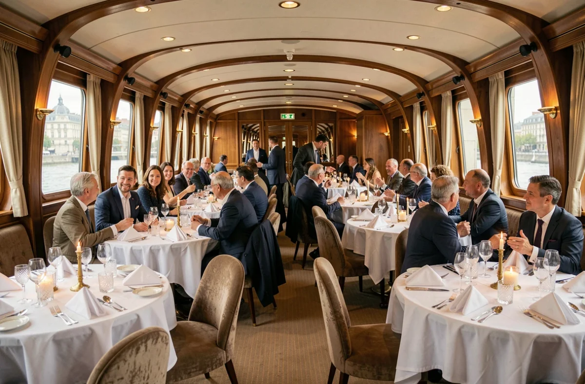 Salle de restaurant à bord d'une croisière repas de luxe à Lyon avec tables dressées et convives élégants