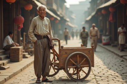 Homme asiatique âgé avec rickshaw en ville ancienne
