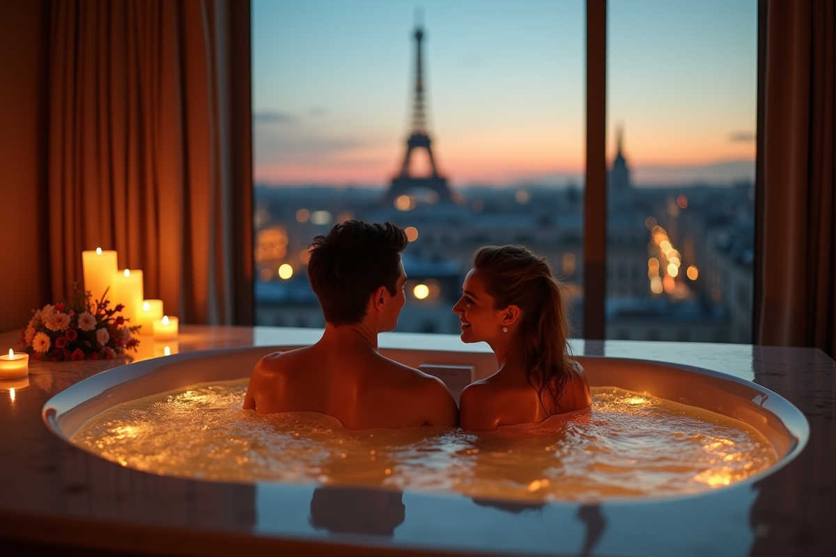 Couple dans un jacuzzi privé avec vue sur la ville au crépuscule