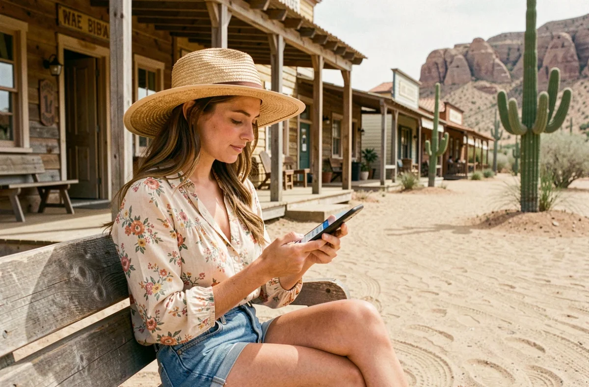 Jeune femme consultant une application de réduction pour acheter des billets Oasys Mini Hollywood moins chers